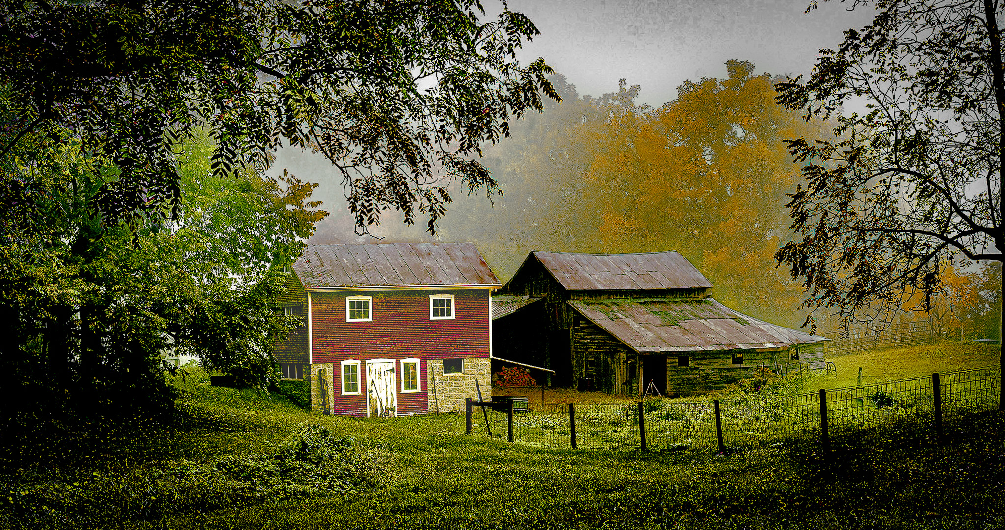 An abandon 19th-century farmstead, located in La Grange County, Indiana, taken on a foggy autumn morning in late September 2025.