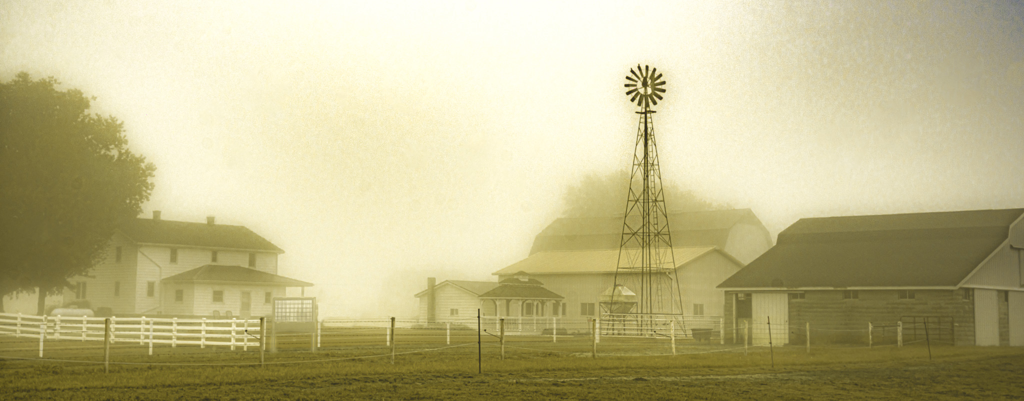Fog over an Amish farmstead in rural LaGrange County, Indiana