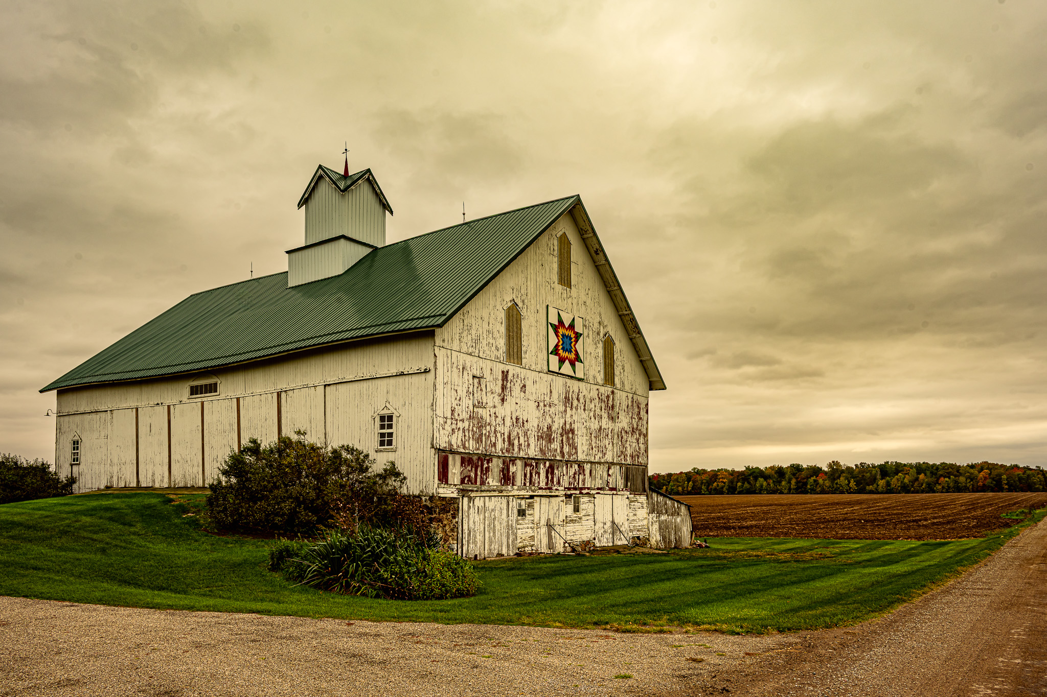 An awesome white barn with a cupola in rural Marshall County, Indiana